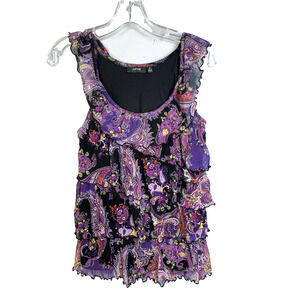 Ruffled Tank Top Women Small Sleeveless Purple Black Paisley Night Out Feminine